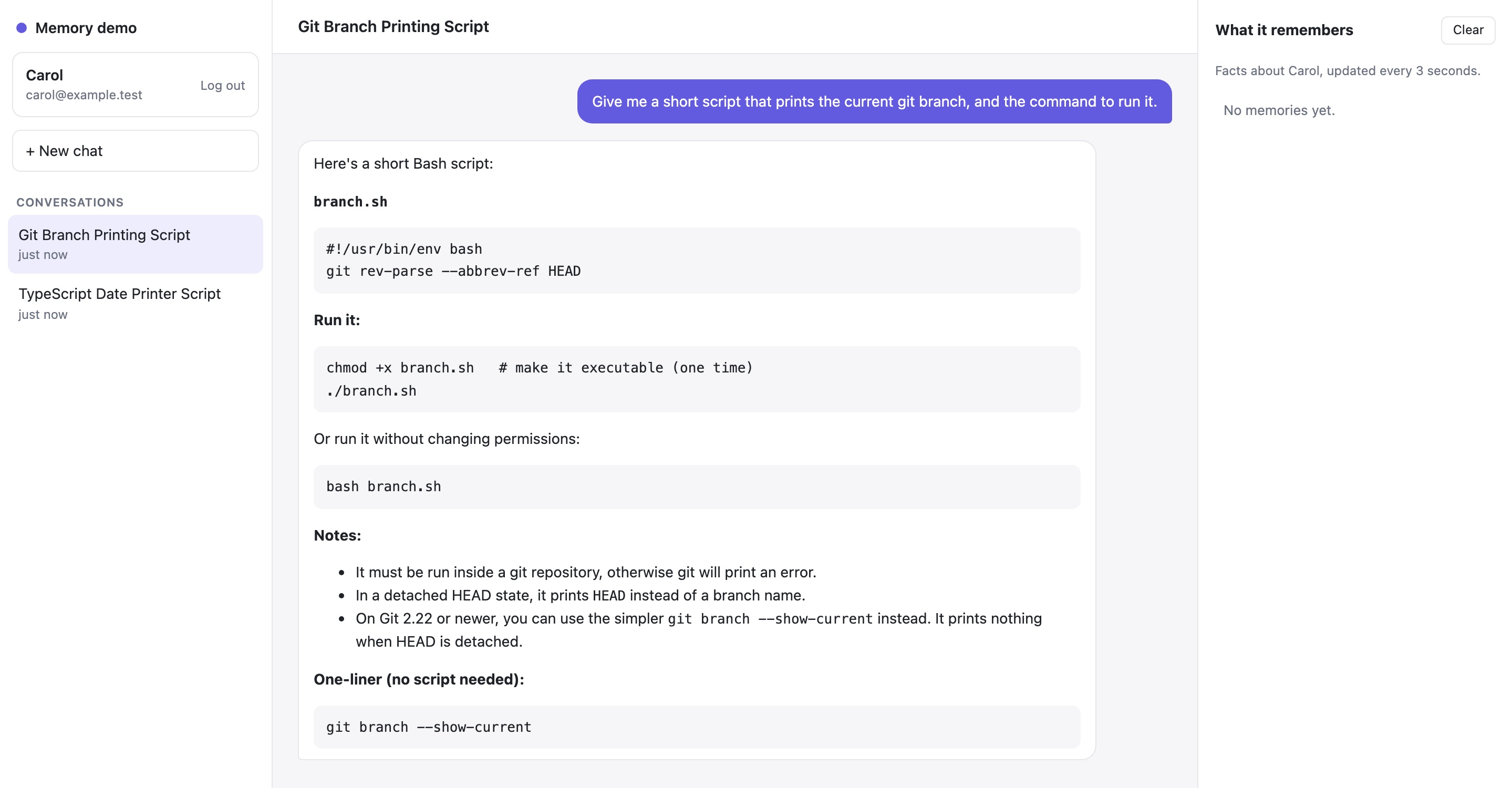 Second conversation: Carol asks for a short script that prints the current git branch. The assistant answers with a Bash script. The memories panel still says "No memories yet".