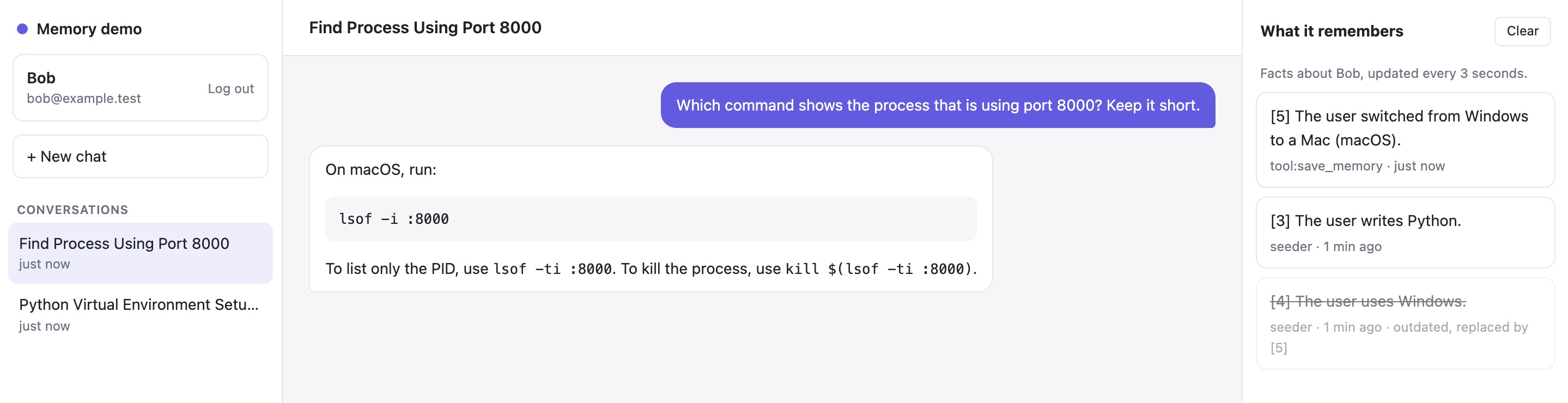 Episode 2, a new conversation: Bob asks which command shows the process using port 8000. The assistant answers only "On macOS, run: lsof -i :8000", with tips for listing only the PID and killing the process. The memories panel shows "[5] The user switched from Windows to a Mac (macOS)" and "[3] The user writes Python", and "[4] The user uses Windows" crossed out, marked outdated and replaced by [5].